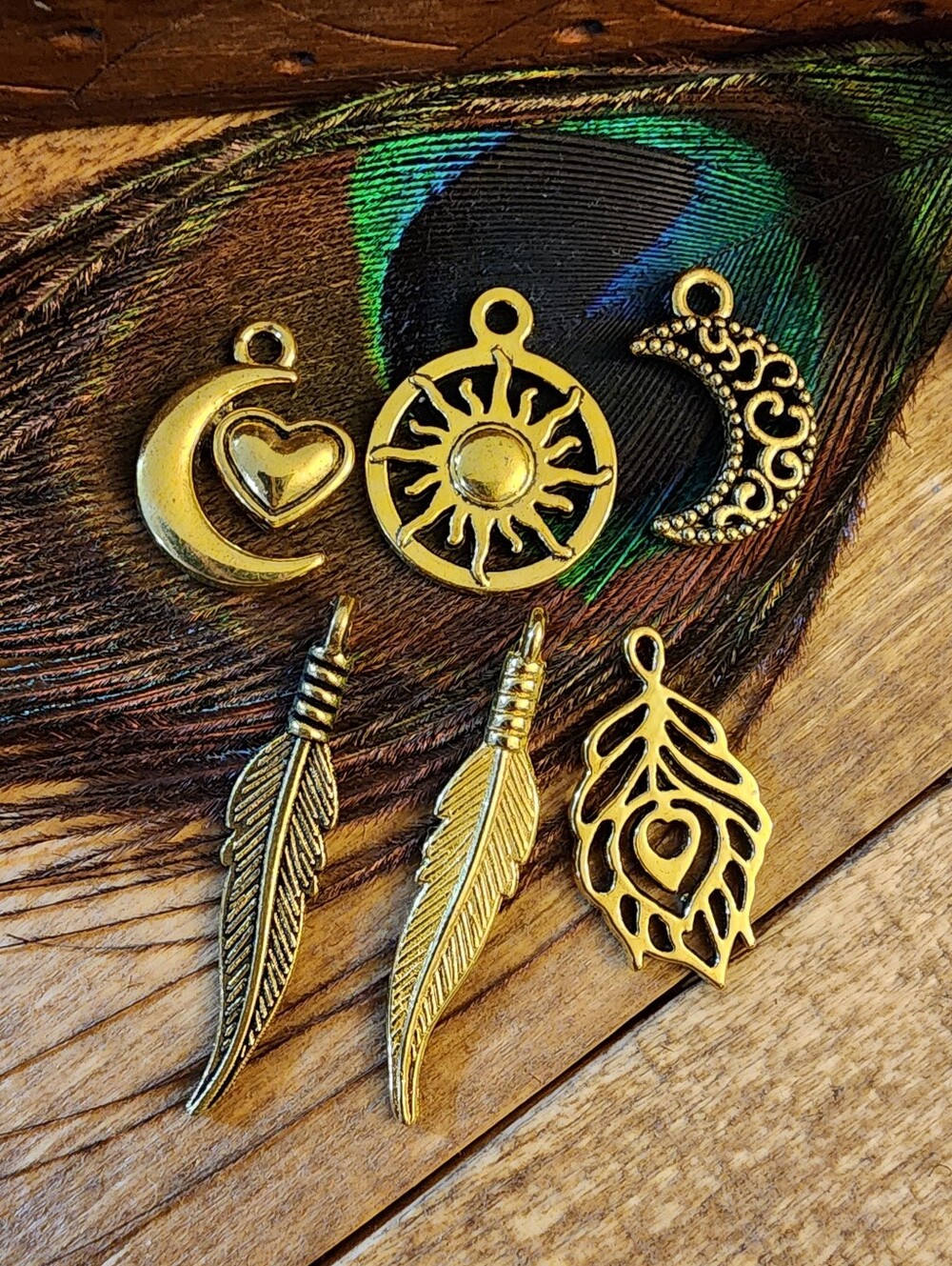 Gold Charms Options For GOLD Charm Bracelet Moon Heart Sun Peacock Feather Charm